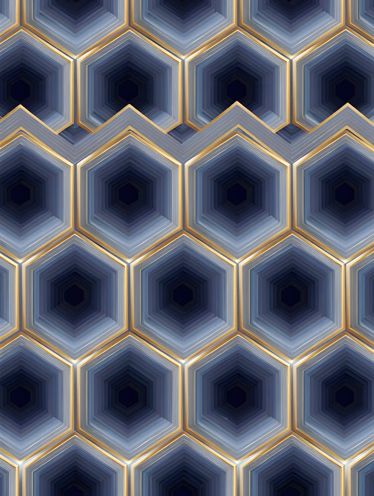 Blue and Gold Geometric Hexagon Pattern Print - Modern Abstract