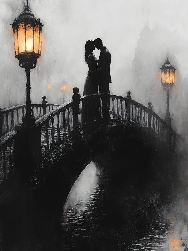 Couple Kissing On A Bridge, Romantic Monochrome Charcoal style