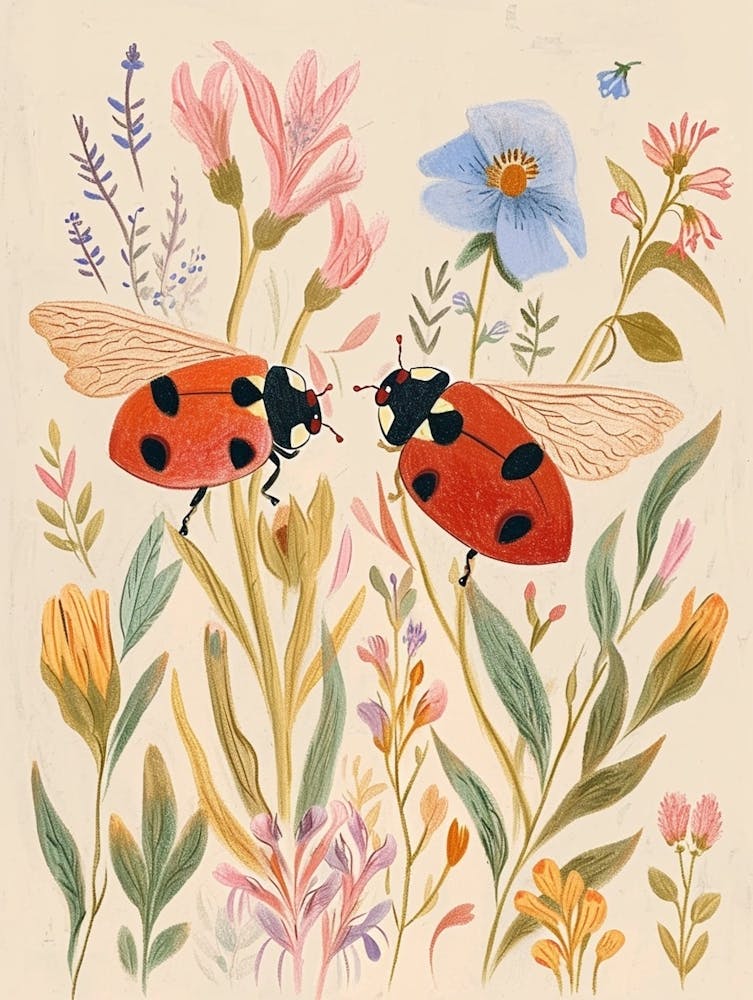 Folksy Floral Animal Drawing Ladybug