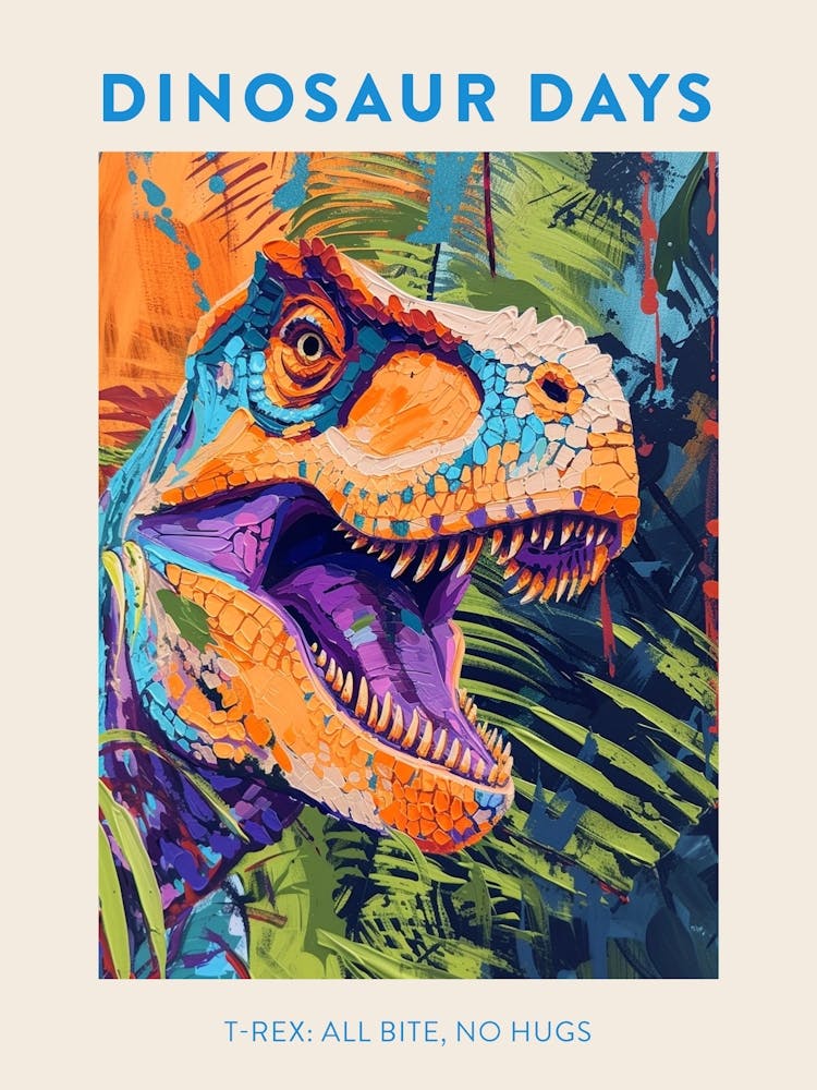 T Rex  All Bite, No Hugs Orange Blue Dinosaur Poster