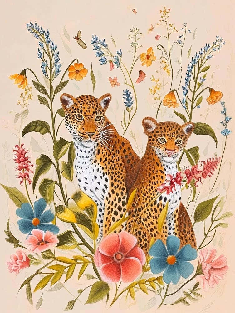 Folksy Floral Animal Drawing Cheetah 4