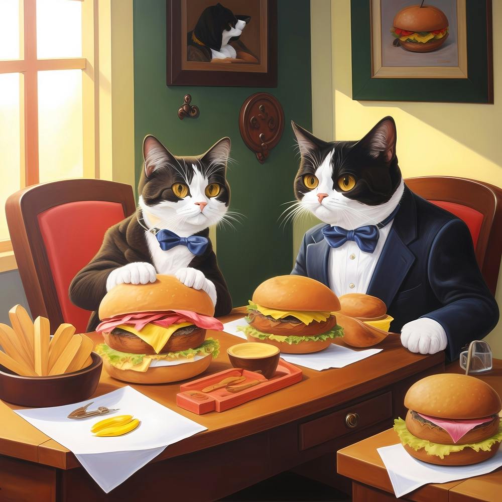 Cats Eat Burger on Table