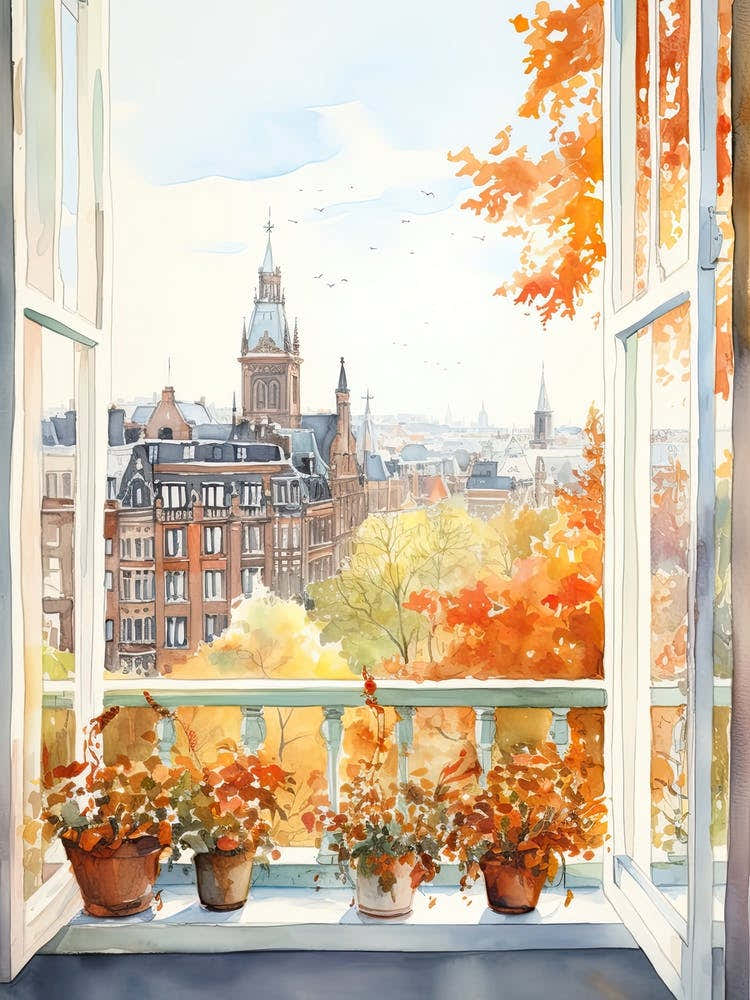 Window View Of Hamburg Germany In Autumn Fall, Watercolour 3