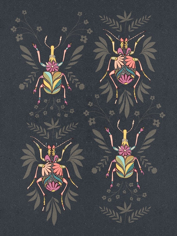 Floral Doodle Bugs x4 on black