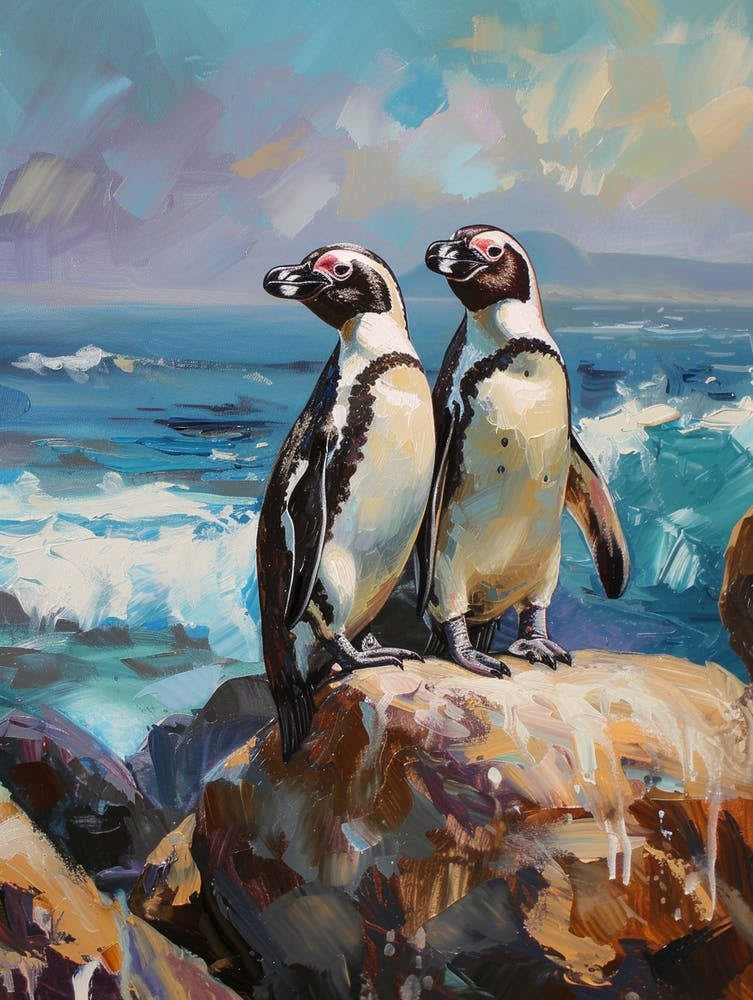 African Penguin Sea Lion Island Oil Painting 1