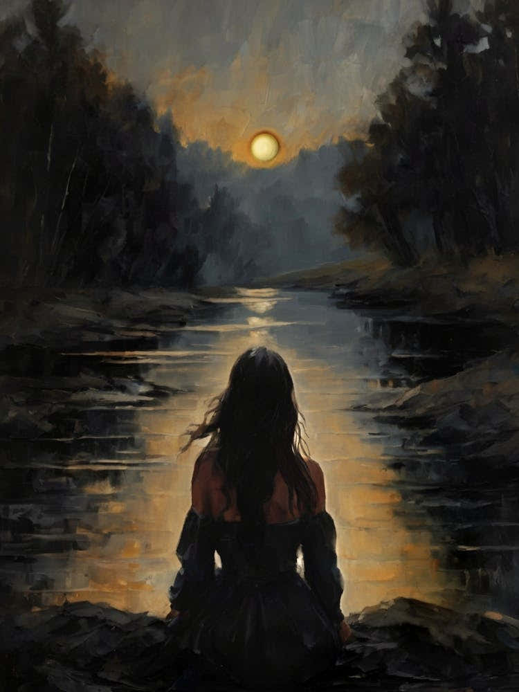 Awe - A Woman Sat in Solitude Watching the Sunset Witchy - Gloomy Dark Aesthetic Gothic Vintage Painting Altar Wall | Gloomy Dark Cottagecore Stormy Beautiful