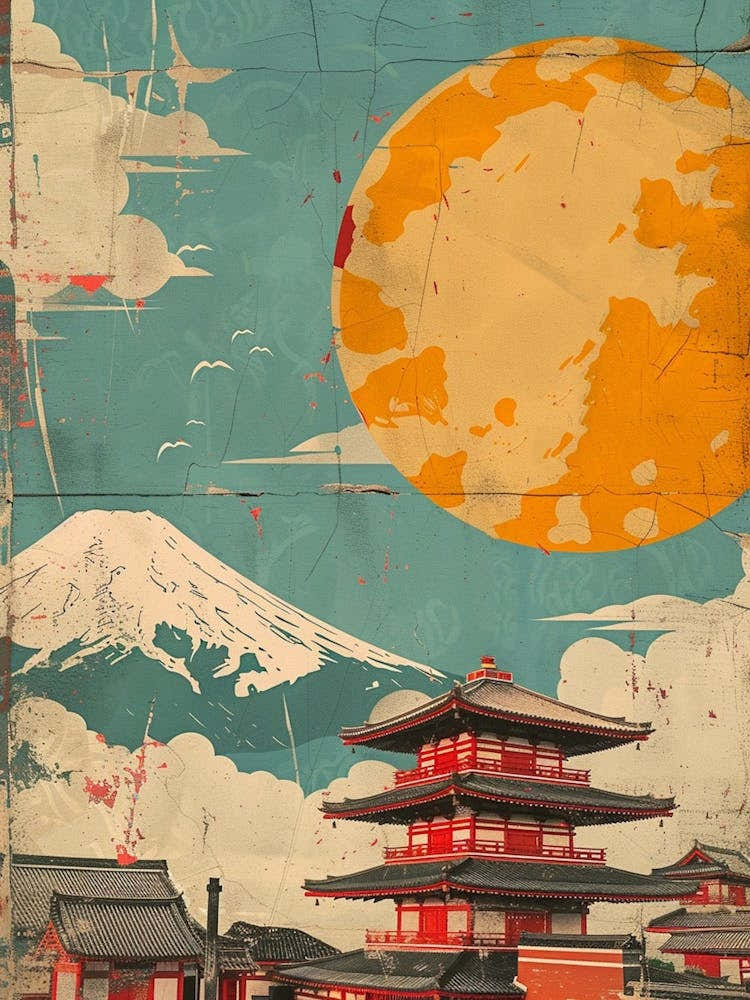 Mount Fuji With The Moon Mid Century Modern