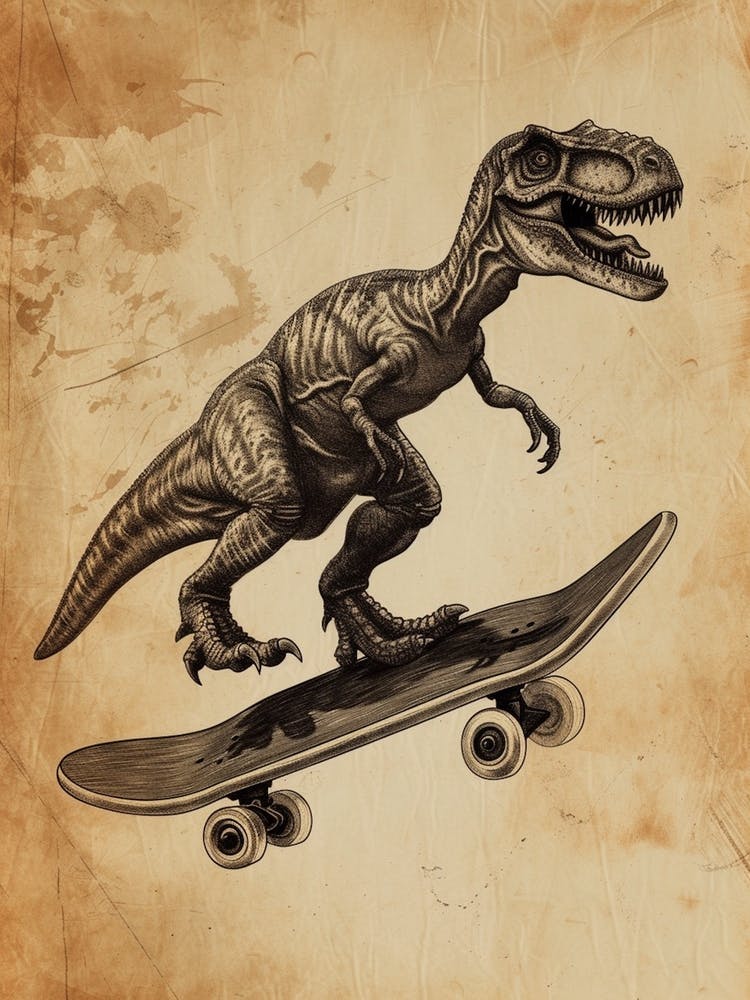 Vintage Sinornithosaurus Dinosaur On A Skateboard 3