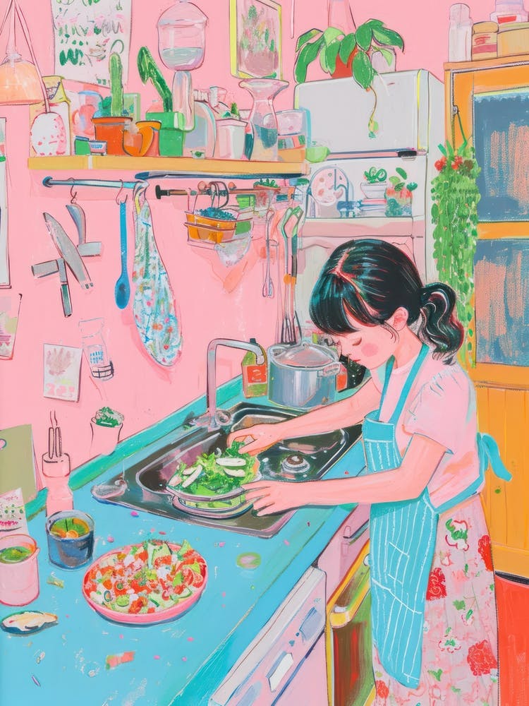 Girl Making A Salad Lo Fi Kawaii Illustration 1