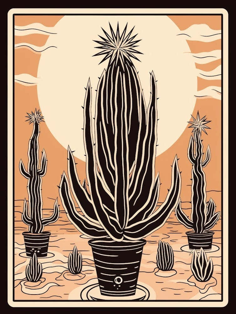 B&W Cactus Illustration Carnegiea Gigantea Cactus