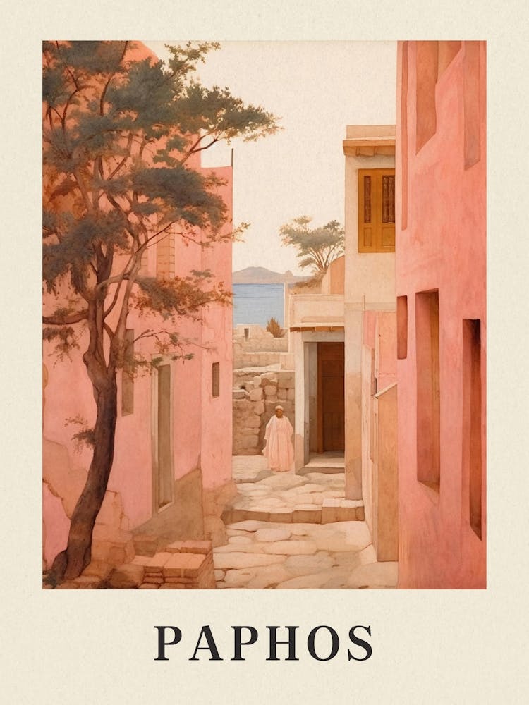 Paphos Cyprus 1 Vintage Pink Travel Illustration Poster