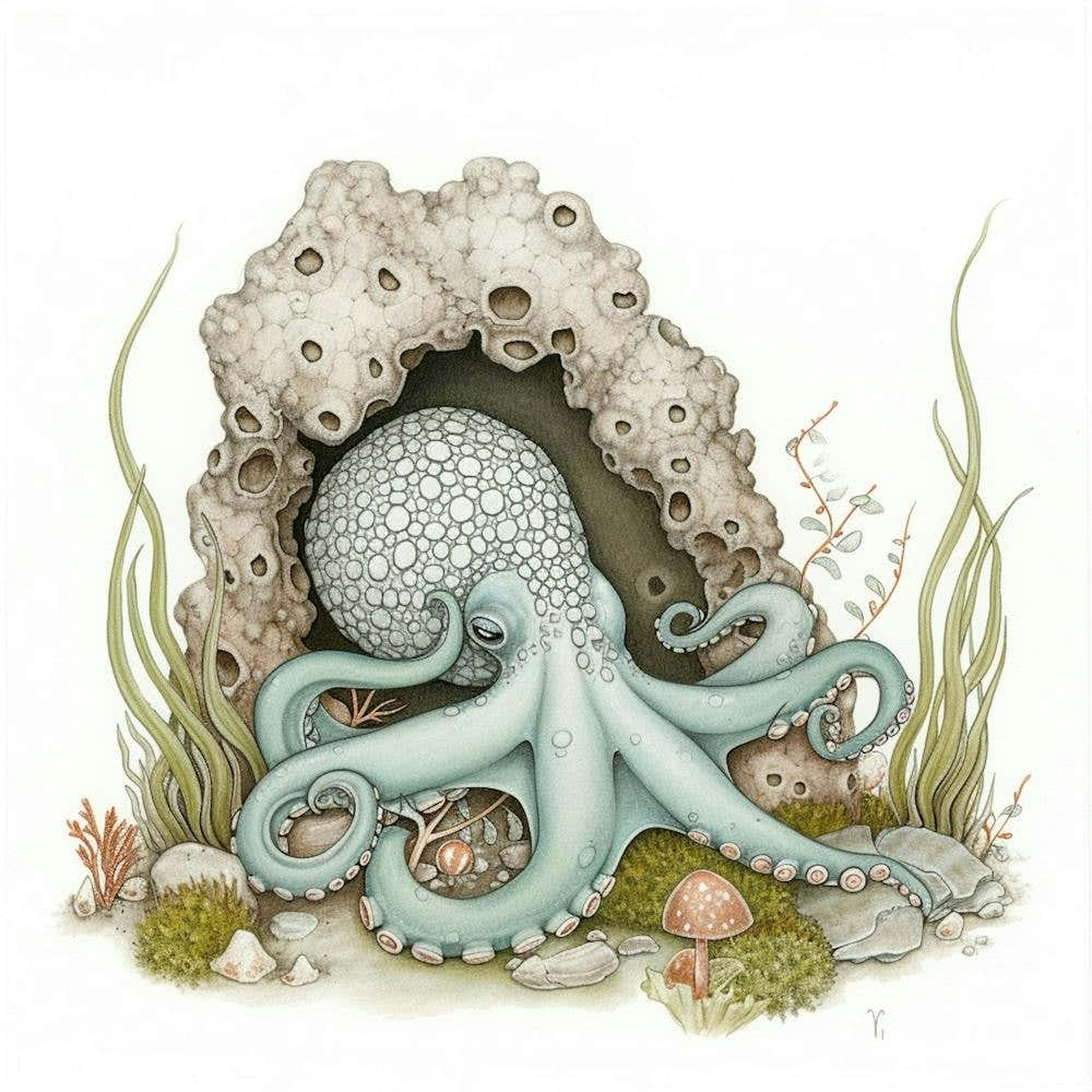 Storybook Style Octopus Relaxing In An Underwater Cave 1