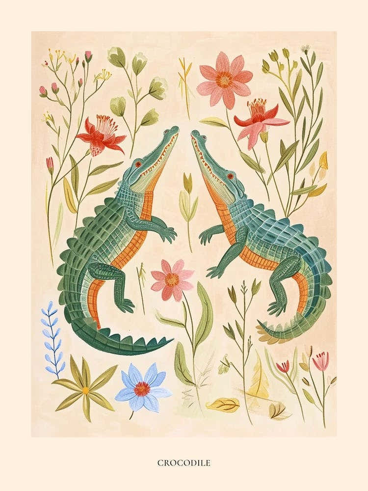 Folksy Floral Animal Drawing Crocodile Poster