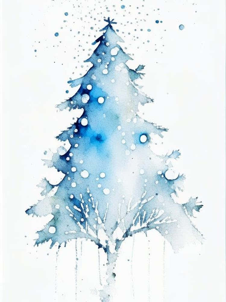 Snowfalkes By Christmas Tree, Snowflakes, Minimalist Watercolour 3
