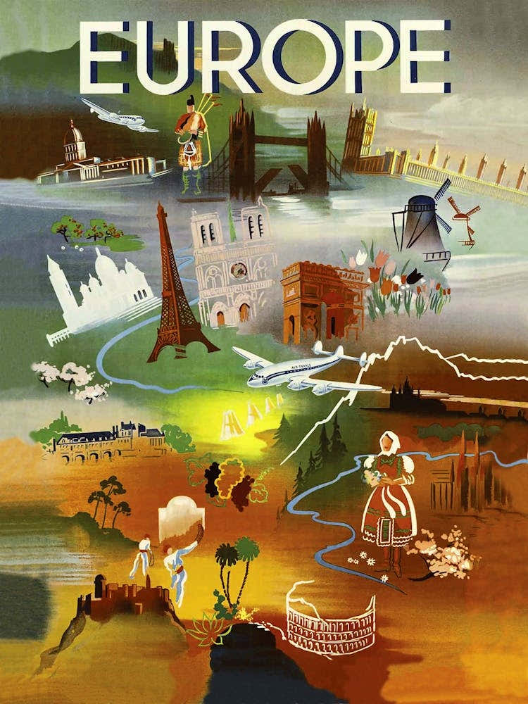 Europe from Above, Tourist Attractions, Vintage Travel Poster