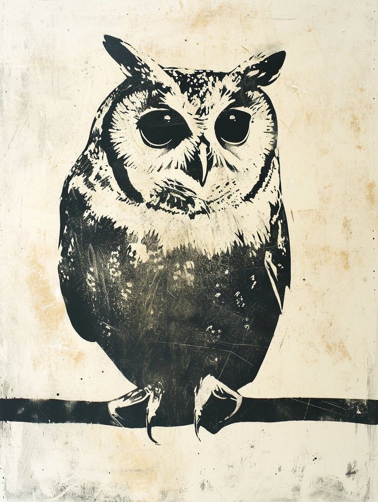 Collared Scops Owl Linocut Blockprint 3
