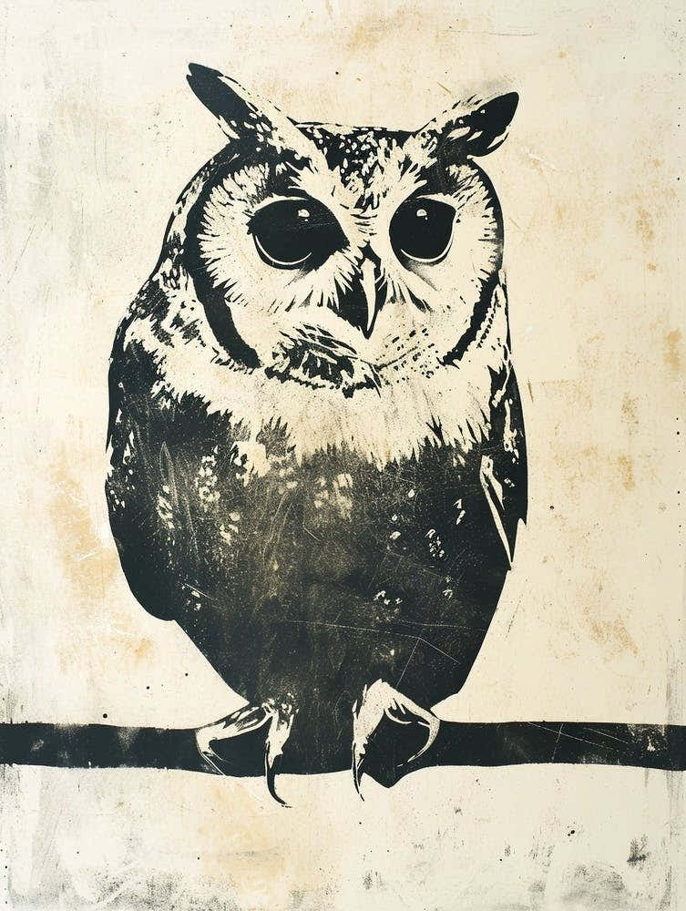 Collared Scops Owl Linocut Blockprint 3