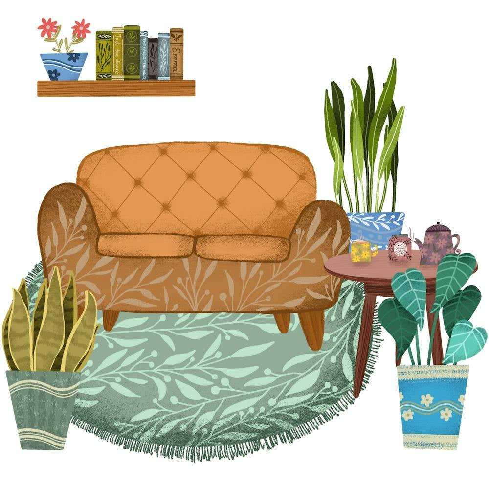 Home plants and cozy sofa