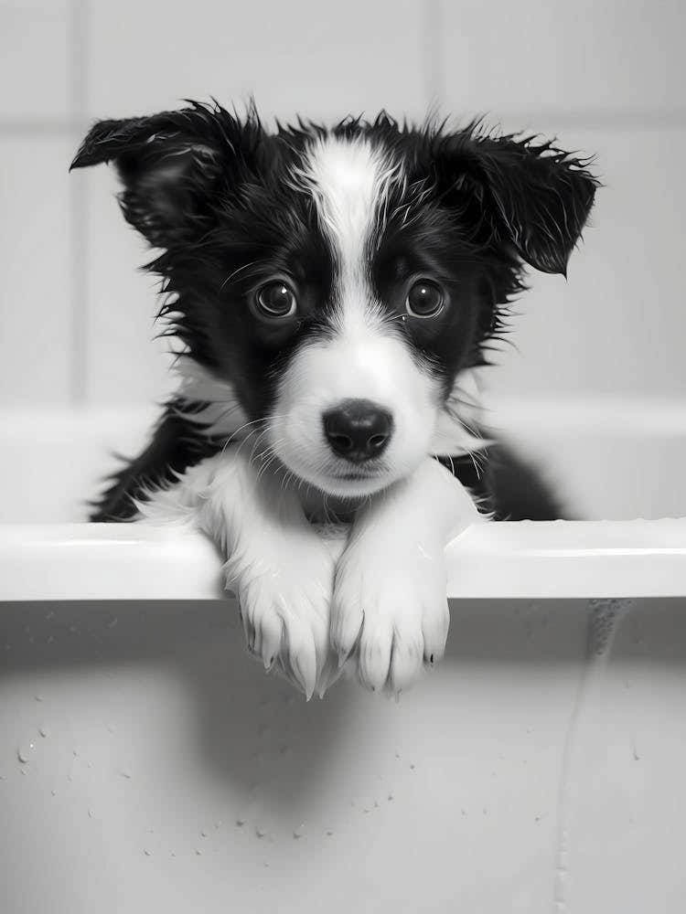 Black And White Puppy In Bathtub
