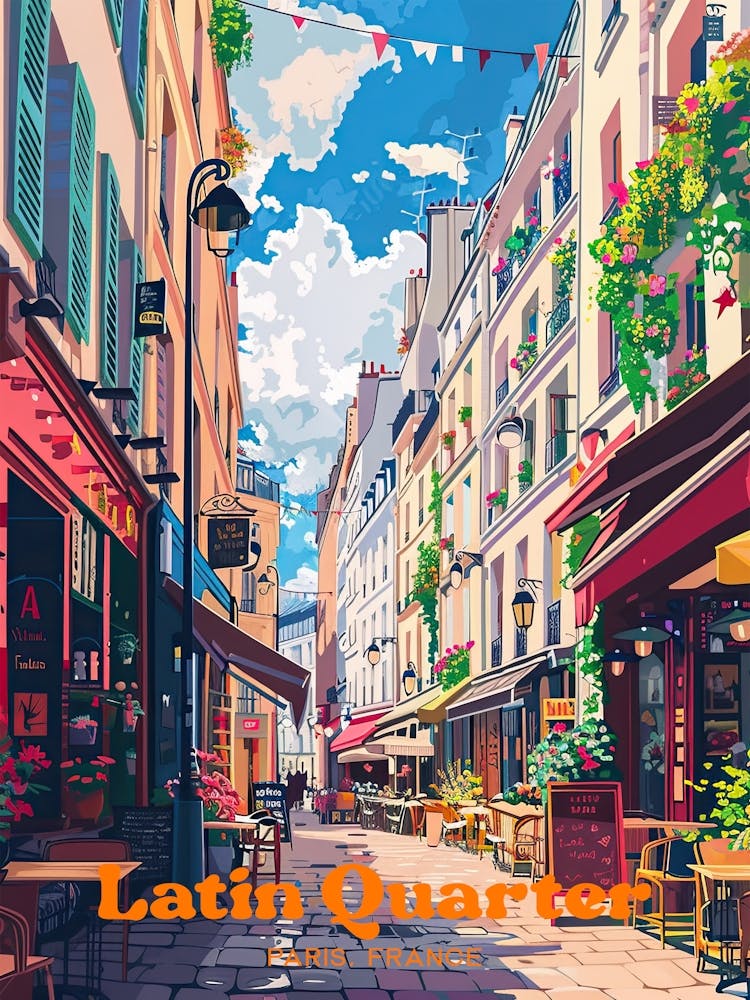 Latin Quarter Of Paris Market Street Art Illustration