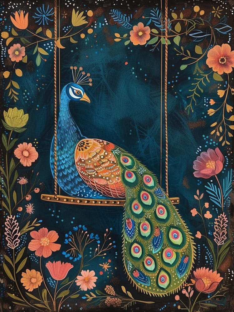 Folky Floral Peacock At Night On A Wooden Swing