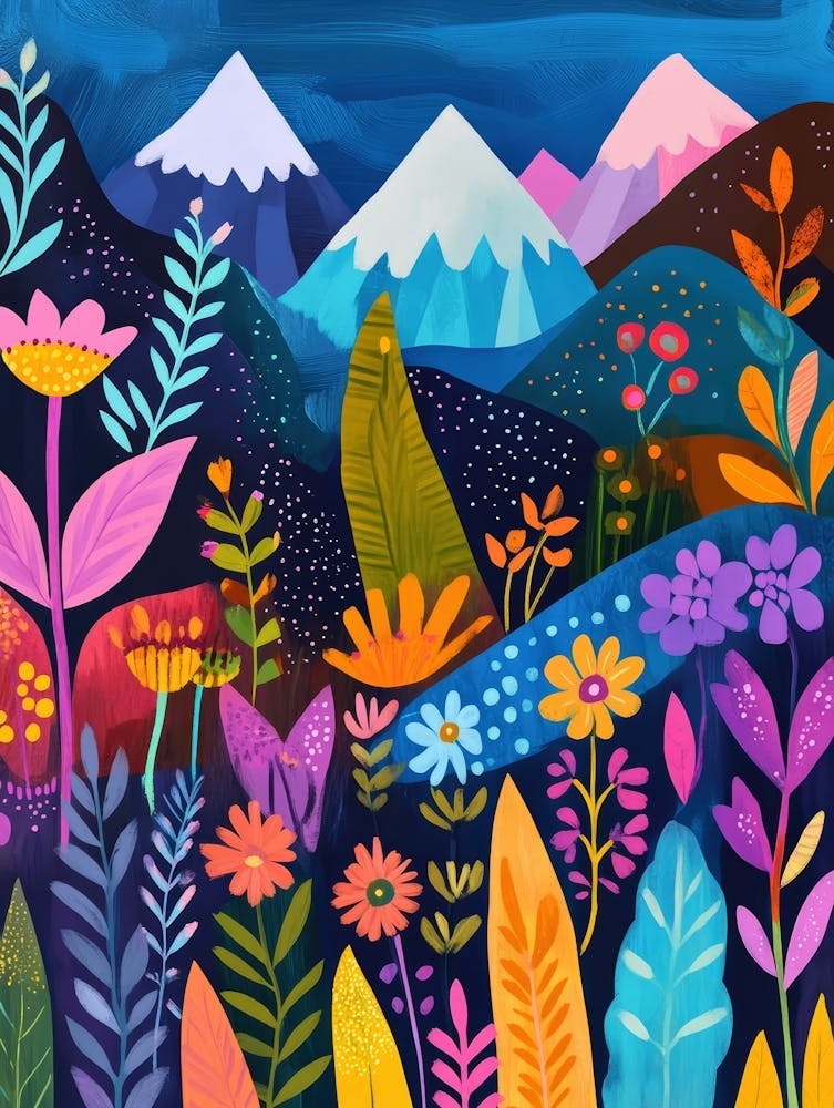 Colorful Landscape With Mountain and Flowers 1