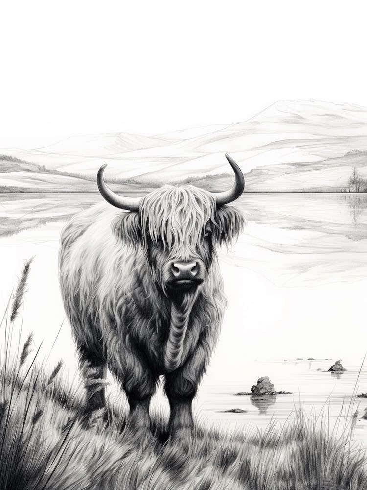 Black & White Illustration Of Highland Cow With The Lake