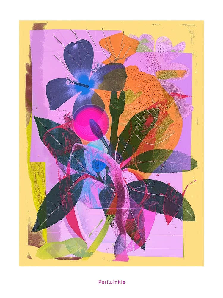Periwinkle (Vinca) 1 Neon Flower Collage Poster