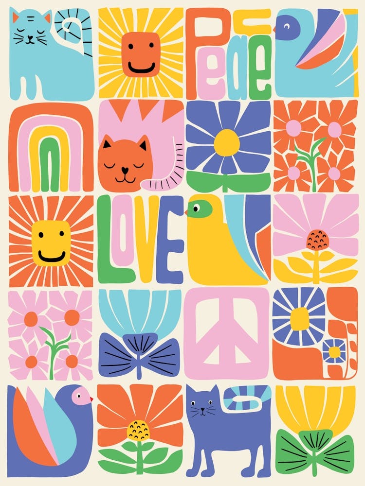 Happy Colorful Birds Cats Flowers Kids