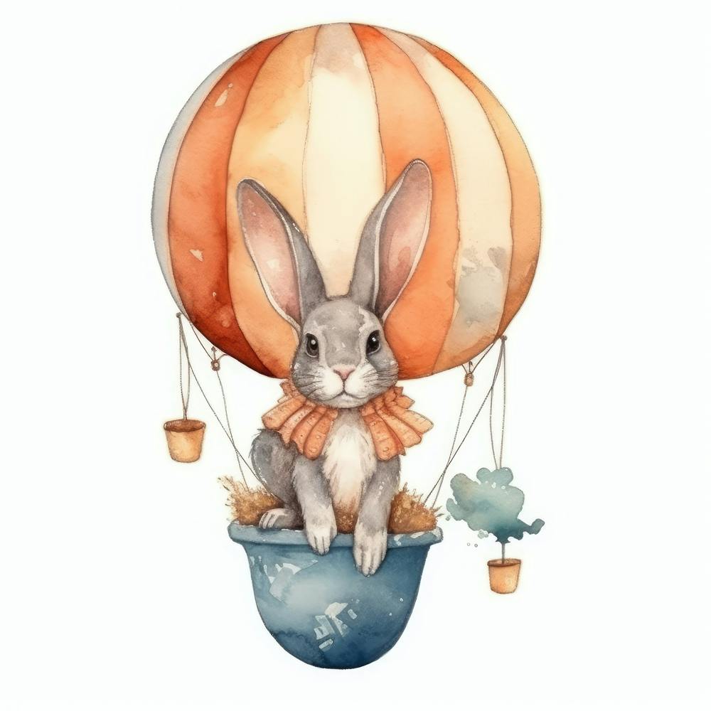 Watercolor Illustration Rabbit Hot Air Balloon