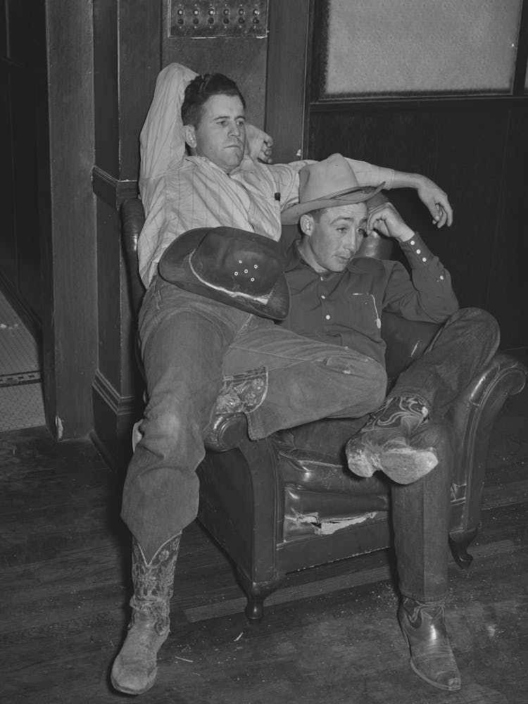 Cowboys In The Hotel Lobby During The San Angelo Fat Stock Show At San Angelo, Texas By Russell Lee