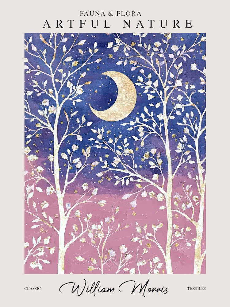 William Morris Moon Botanical Blue Pink Exhibition