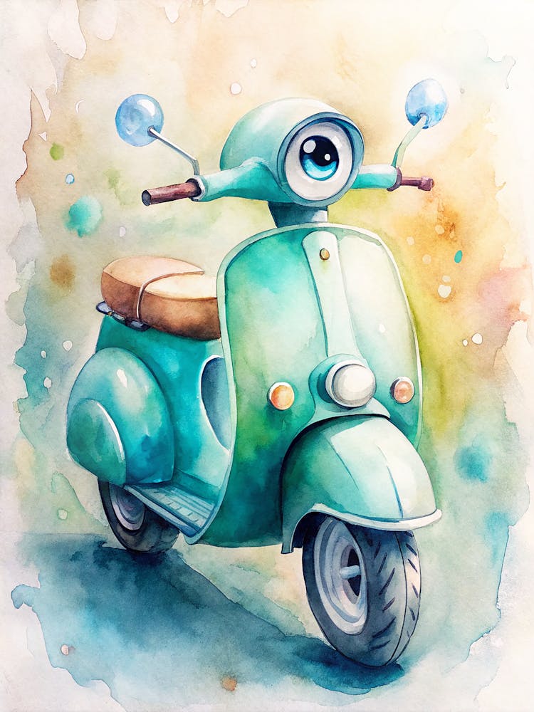 Bright Teal Scooter With Big, Friendly Eyes And A Tiny Exhaust Puff