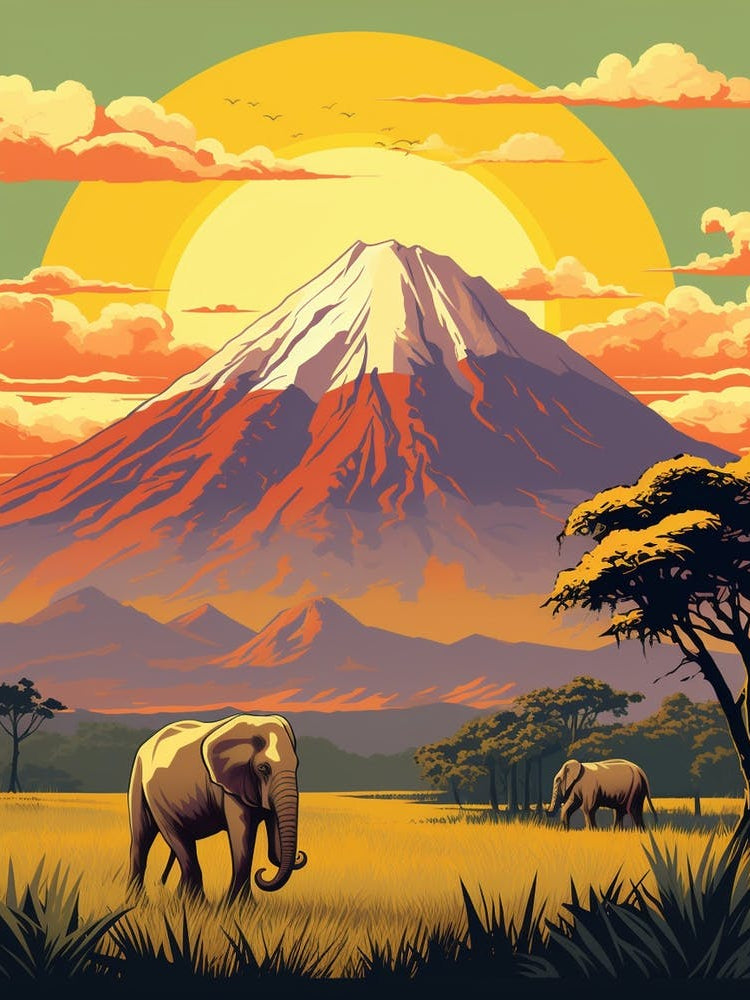 Mount Kilimanjaro Tanzania 2 Vintage Travel Illustration