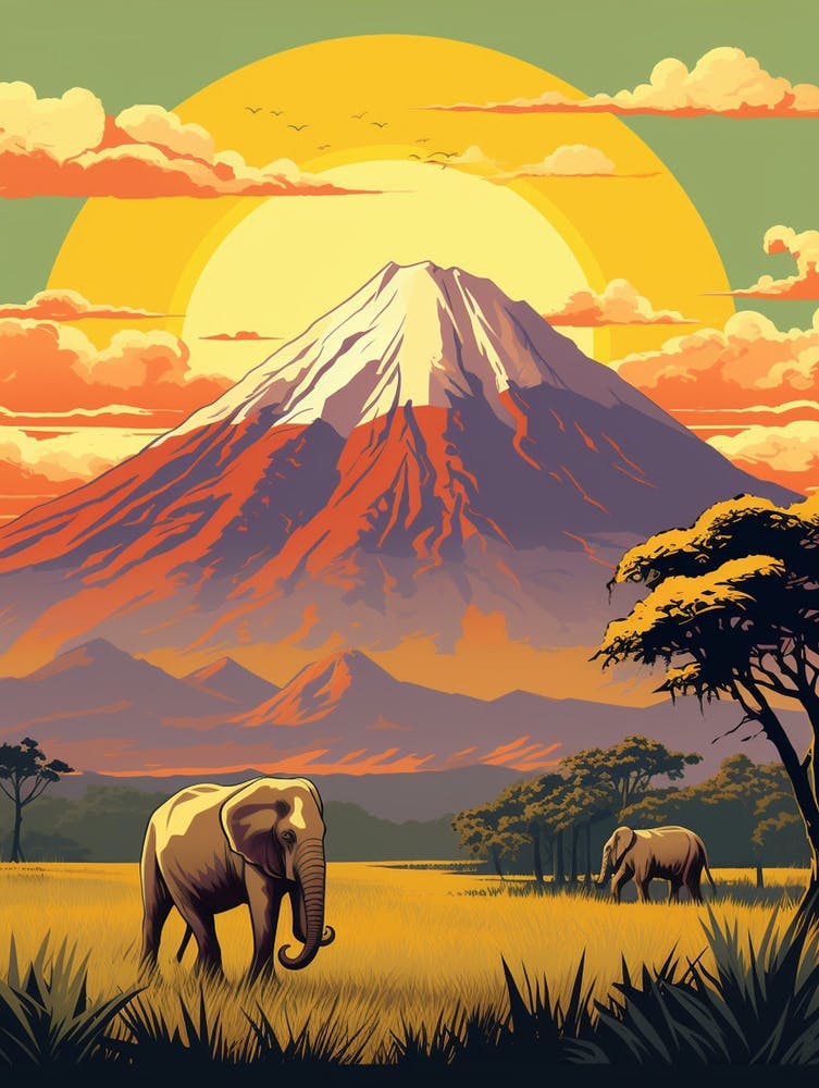 Mount Kilimanjaro Tanzania 2 Vintage Travel Illustration