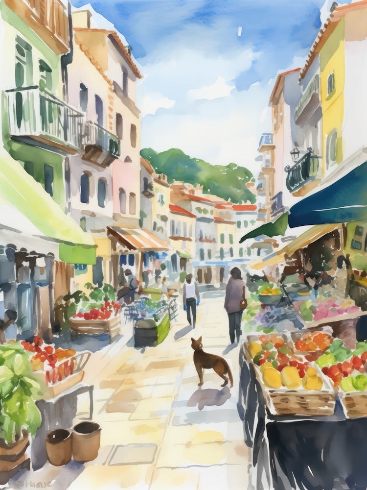 Food Market With Cats In Santander 4 Watercolour