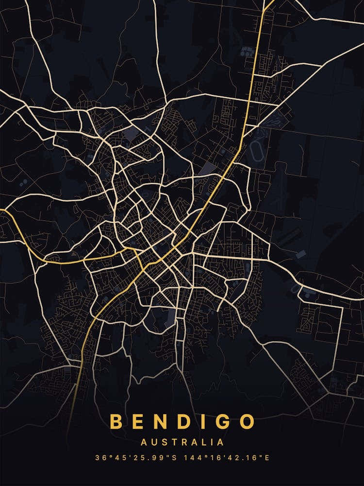 Bendigo Australia Black And Gold Map