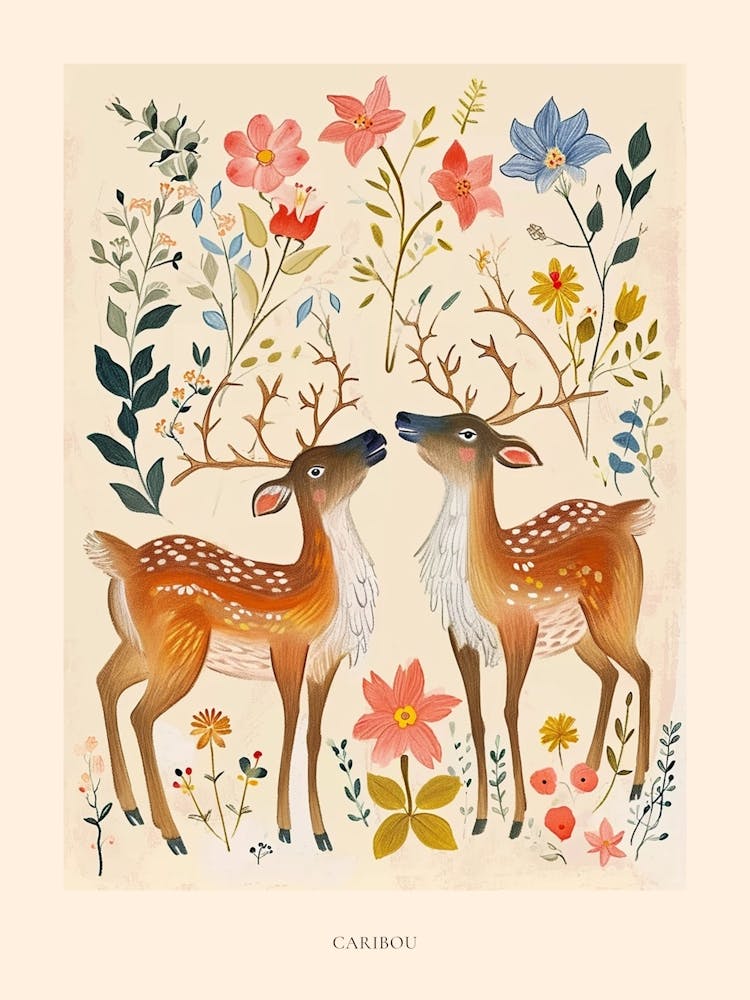 Folksy Floral Animal Drawing Caribou 2 Poster