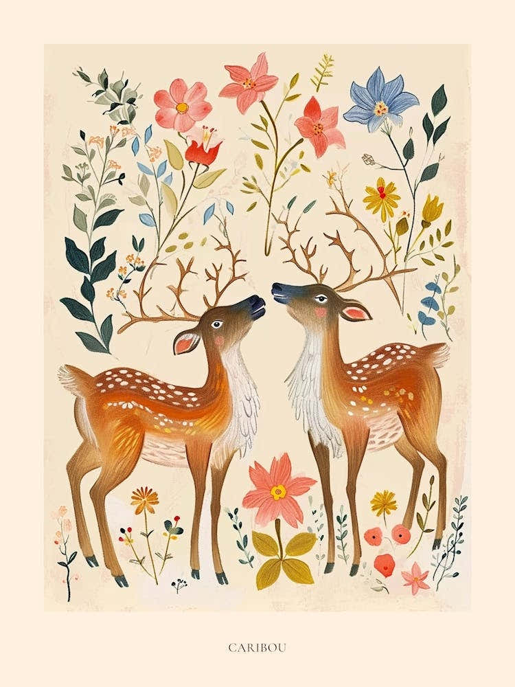 Folksy Floral Animal Drawing Caribou 2 Poster
