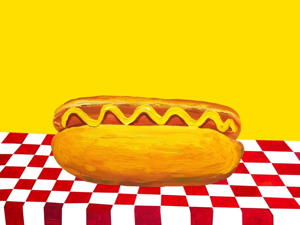 Hot Dog With Mustard on Red Check Yellow