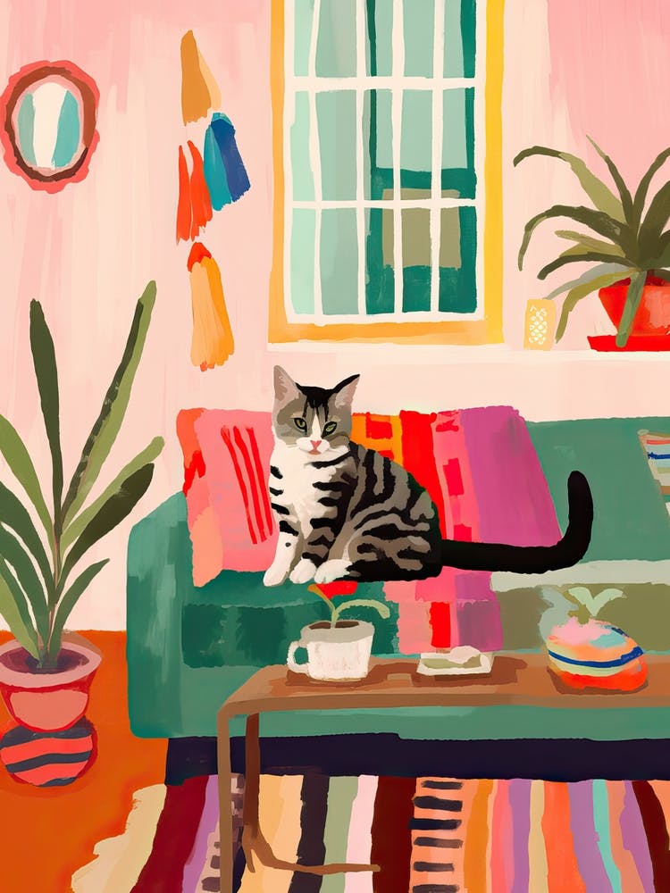 Cat On A Sofa In Boho Living Room Painting Animal Lovers