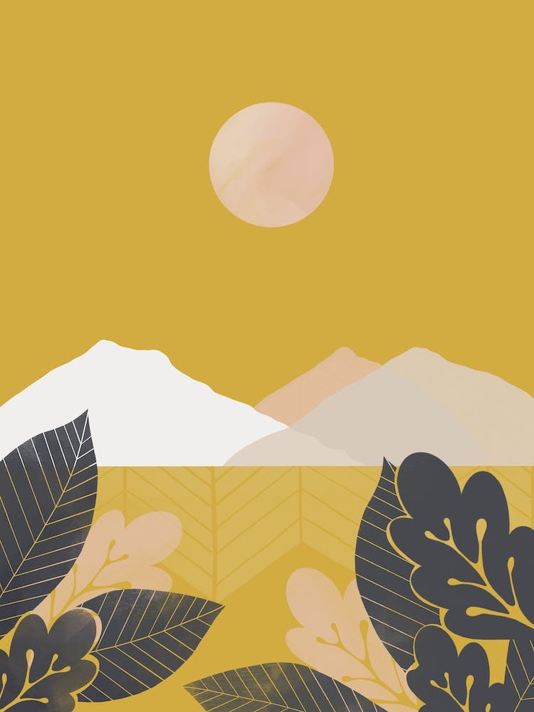 Mustard Mountains Through Leaves Abstract Landscape