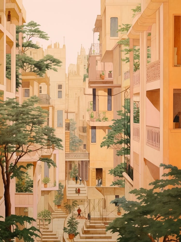 Beirut Lebanon 2 Vintage Pink Travel Illustration