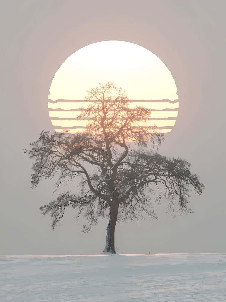 Lone Tree At Winter Morning With Snow Covered And Sunrise, Wallart,, Homed Decor, Office Decor