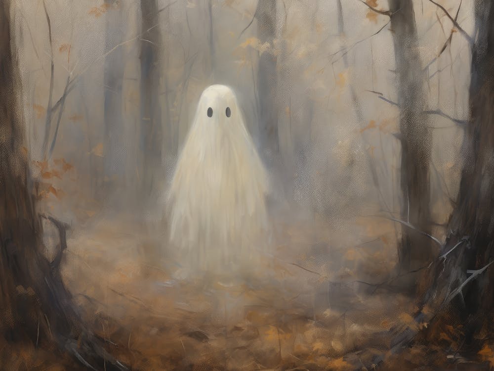 Cute Halloween Ghost In Autumnal Forest