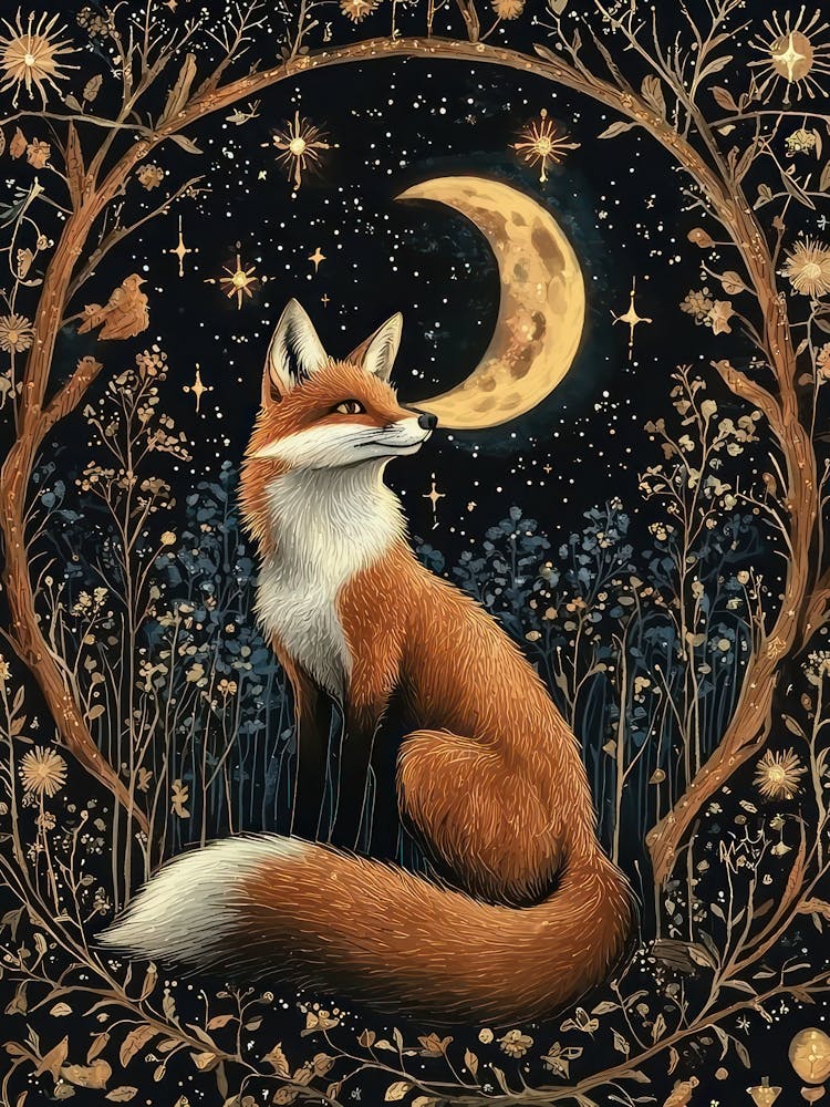 William Morris Night Fox Moon Botanical Pint Museum Poster Morris Exhibition Poster Painting Fox  Full