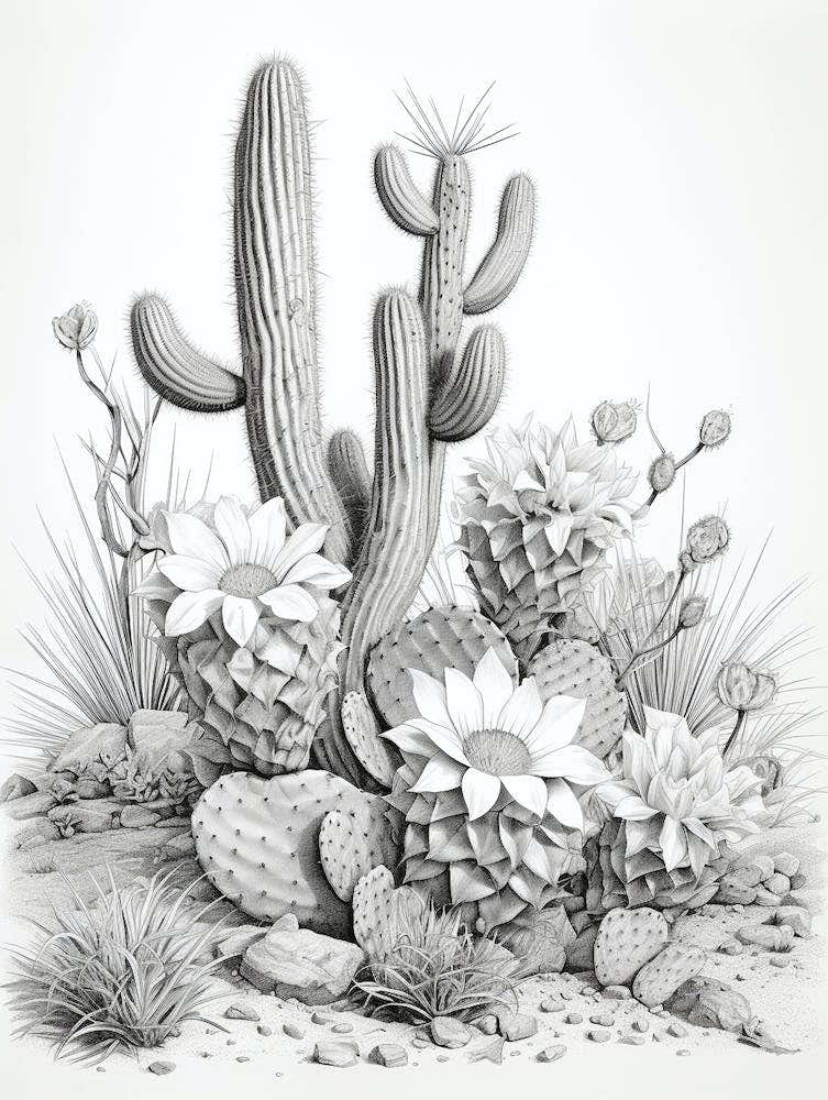 Vintage Cactus Illustration Bunny Ear Cactus B&W