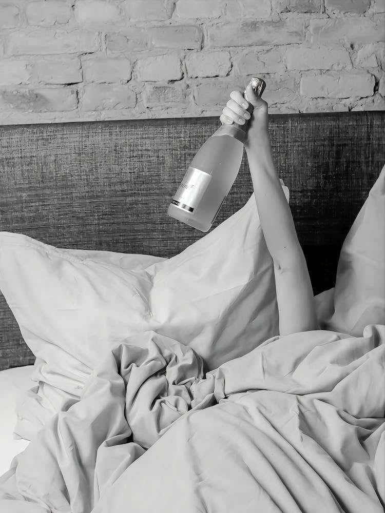 Woman Drinking Wine In Bed Print, Alcohol Wall Art, Cocktail Poster, Black And White Print, Bar Cart Print, Dorm Room Wall Decor