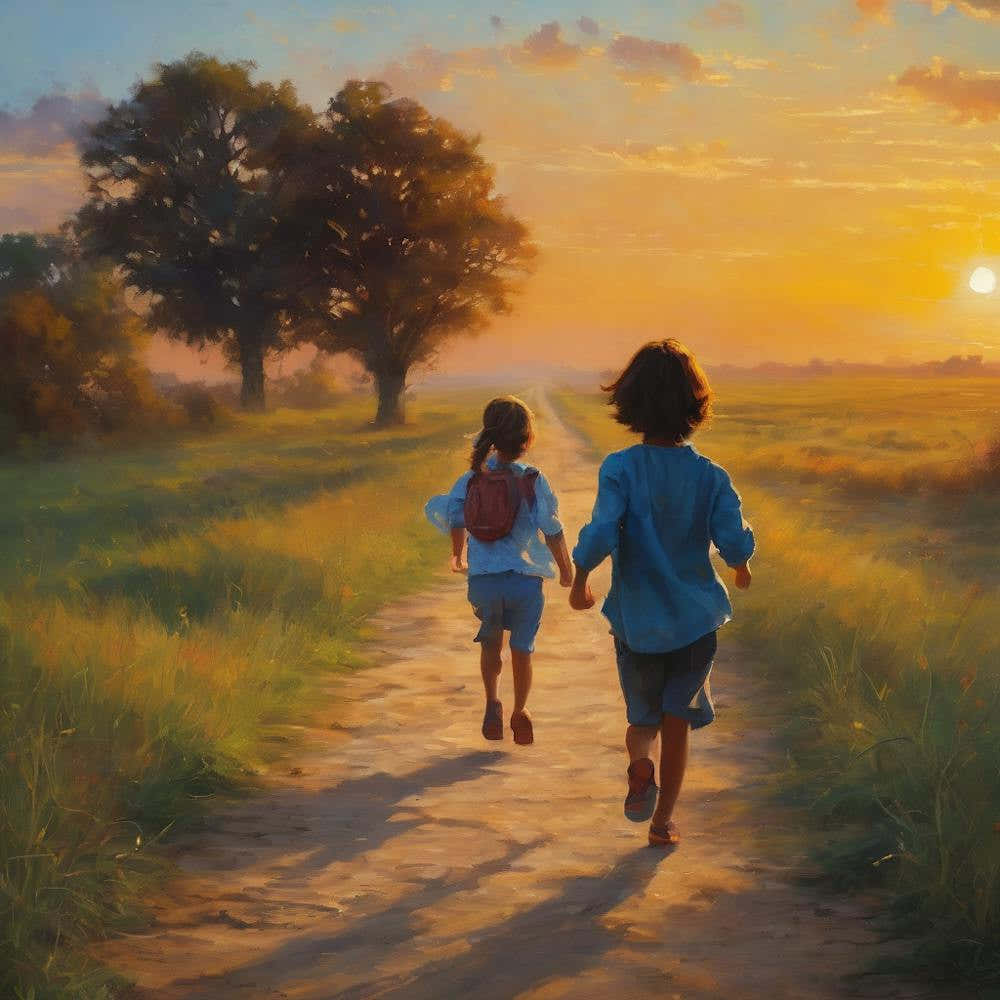 Two Children Walking Together At Sunset