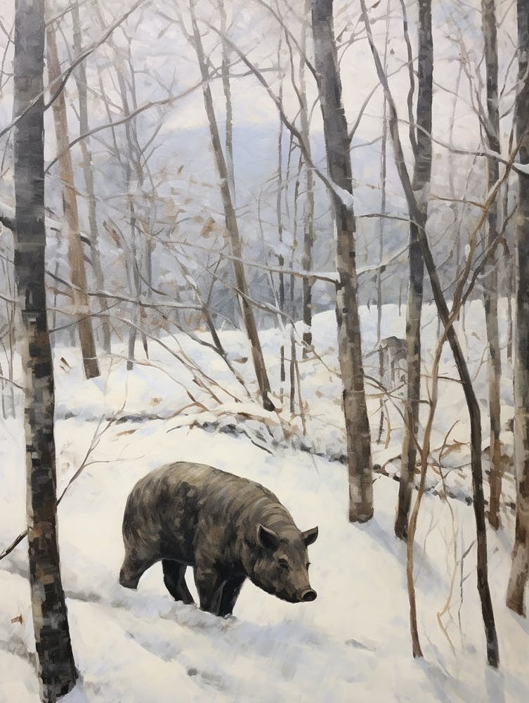 Vintage Winter Animal Painting Wild Boar 4